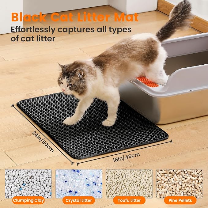 Cat Litter Mat, Double Layer Honeycomb Litter Box Mat | 24x18”, Efficient Litter Trapping, Easy to Clean, Waterproof, Non-Slip, Soft on Paws, Scratch Resistant, Black, Large