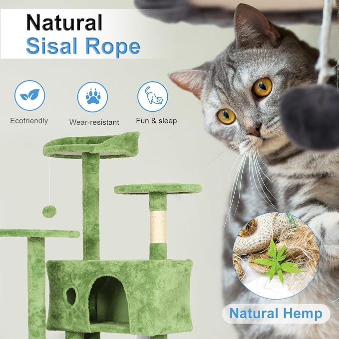 FDW | 70" Cat Tree Tower | Green | Multi-Level Indoor Activity Center with Sisal Scratching Posts, Condos, Plush Perches, Hanging Cat Toys | Sturdy, Easy to Assemble | for Kittens & Adult Cats