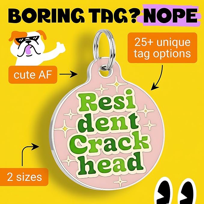 Bad Tags Personalized Dog and Cat ID Tags in 25+ Designs and 2 Sizes - 5 Lines of Custom Engraved Text - Funny Cute Personalized Pet Tags (Resident Crackhead - Pink, Small (1 inch))