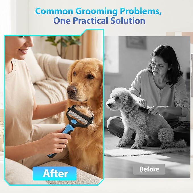 3-in-1 Dog Brush and Cat Brush-Deshedding & Dematting Tool | Replaces 3 tools to reduce grooming costs. Features retractable deshedding blade & dematting comb for dogs and cats.