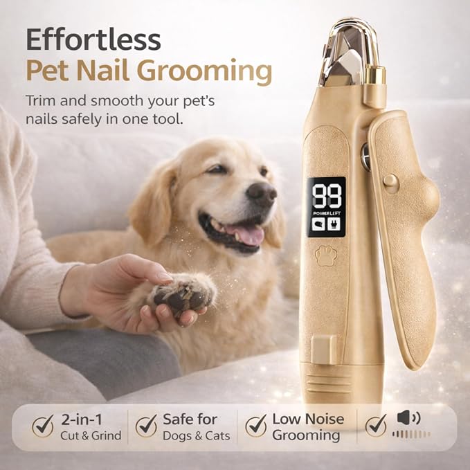 2-in-1 Dog Cat Nail Clippers with Light Bloodline Indicator & Electric Grinder – Type-C Rechargeable Dog Cat Nail Trimmer – Low Noise Grooming Tool with Battery Display (Dark Beige)
