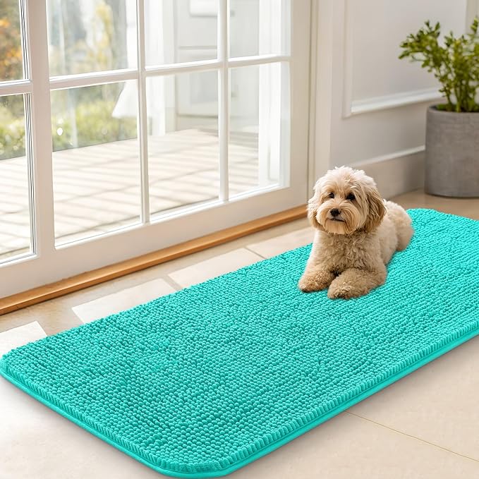 OLANLY Dog Door Mat for Muddy Paws 47x20, Super Absorbent Chenille Mud Mat | Teal, Absorbs Moisture and Dirt, Non-Slip Machine Washable Doormat, Quick-Drying Indoor Entryway Floor Carpet for Dogs