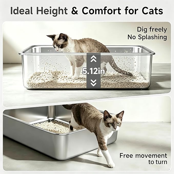 Stainless Steel Litter Pan Open Top Low Entry Easy Cleaning Anti-Urine Leakage Non-Sticky Odor Free Metal Litter Box