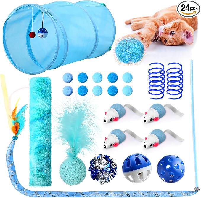 Foilswirl 24 Pcs Cat Toys Set Interactive Kitten Toys Pack Including Collapsible Play Tunnel Feather Teaser Wand Fuzzy Ball Springs Pillow Mouse Bells for Indoor Cats Puppy(Blue,Classic)