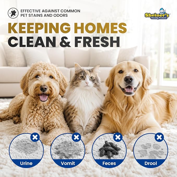 Sheiner's Pet Urine Enzyme Cleaner & Pet Stain & Odor Remover, Advanced Enzymatic Cleaner Solution for Carpets, Rugs, Upholstery & Multi-Surfaces, Safe for Pets & Kids. (128 oz)