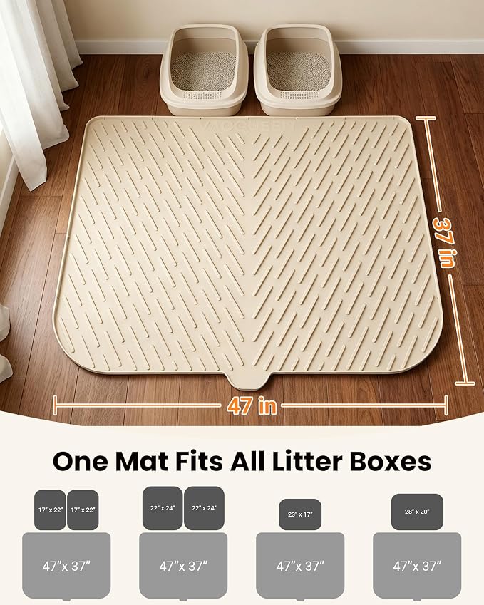 Cat Litter Mat, 47"x37" Extra Large Litter Box Mat, Silicone Mat, Beige | Waterproof Litter Trapping Mat for Scatter Control, Soft on Cat Paws Non-Slip Easy to Clean