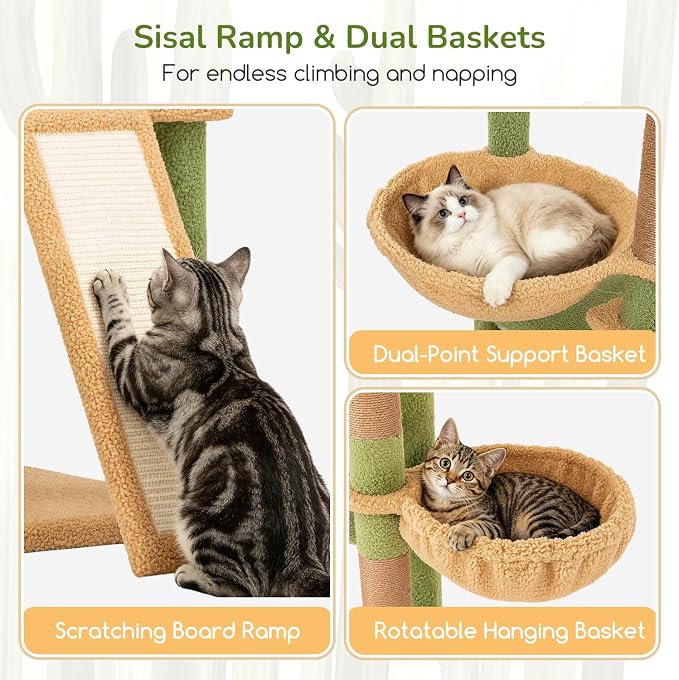 Globlazer 80in Cactus Extra Large Heavy Duty Corner Cat Tree Tower, S80C | Sturdy Green Big Cat Tower for Indoor Cats Large Adult with Scratching Post, 2 Cat Condos with Padding, 2 Perches, Green