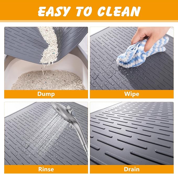 Silicone Cat Litter Mat, Waterproof, Raised Edge, 28 x 20 in, Gray | Quick-clean silicone, leakproof floor protection, non-slip base, doubles as feeding mat