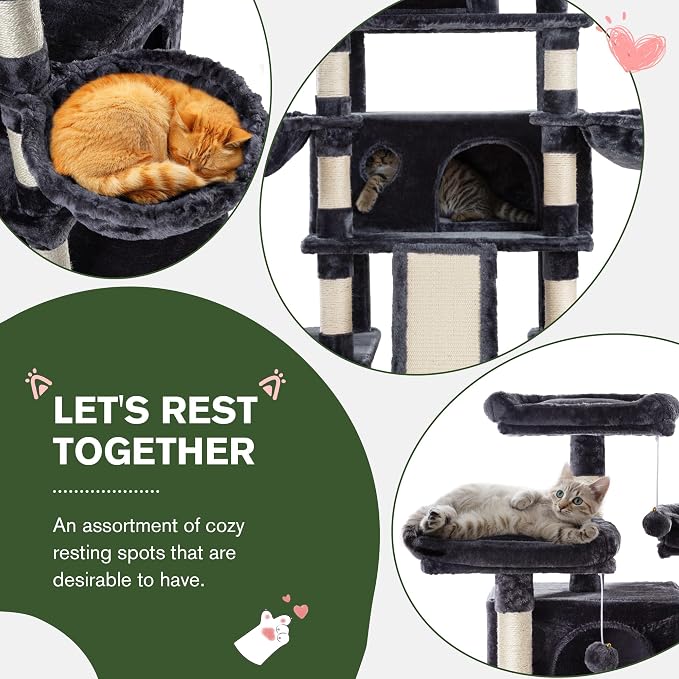 68 Inches Multi-Level Large Cat Tree for Large Kitties/Big Cat Tower with Condo/Cozy Plush Perches/Sisal Scratching Posts and Hammocks/ ‌Feline Activity Center Play House/Smoky Grey