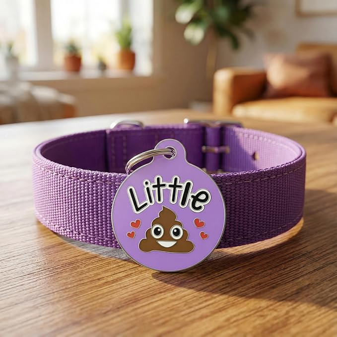 Bad Tags Personalized Dog and Cat ID Tags in 25+ Designs and 2 Sizes - 5 Lines of Custom Engraved Text - Funny Cute Personalized Pet Tags (Little Sh*t - Purple, Small (1 inch))