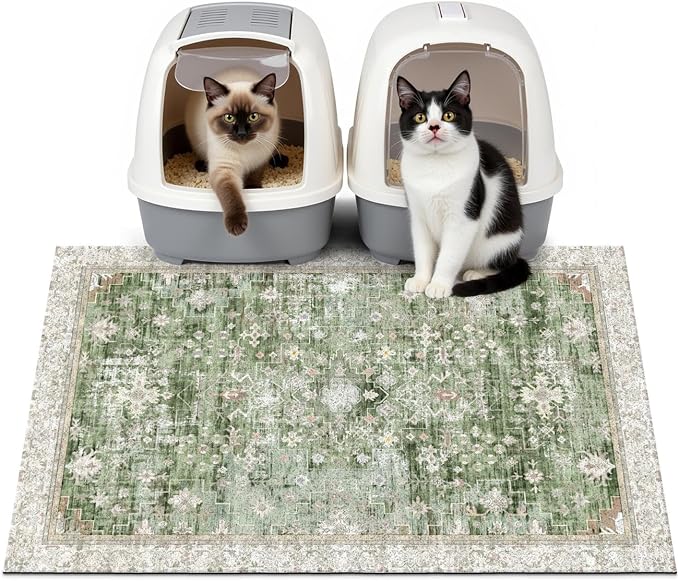 Cat Litter Mat Litter Trapping Mat, 33"x22" Waterproof Urine Proof Litter Box Mat Catcher Mat Non-Slip Washable for Kitty Kitten, Green