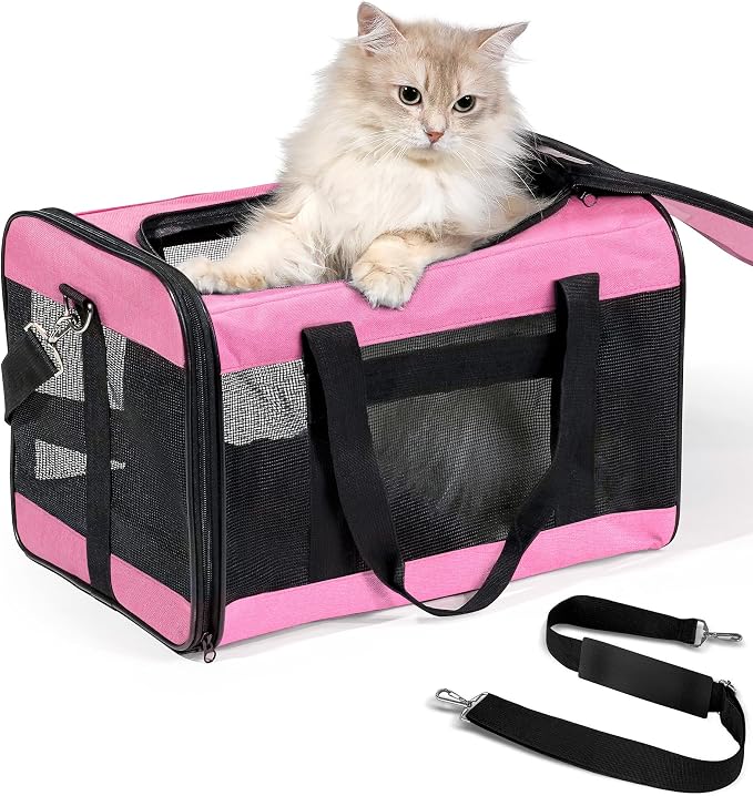 Conlun Cat Carrier Airline Approved, Soft-Sided Dog Carrier with Inner Safety Leash, Pet Transport Carrier for Small-Medium Cats Puppies up to 15 Lbs, Collapsible Travel Kitten Carrier Bag -Pink M