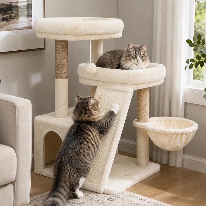 Heybly Compact Cat Tree with Big Scratcher, Stable Cat Tower HCT206SMJ | 27.2" Cat Furniture with 2 Top Perches, Floor Cat Condo, Cozy Hammock, Space-Saving Cat Activity Center, Beige