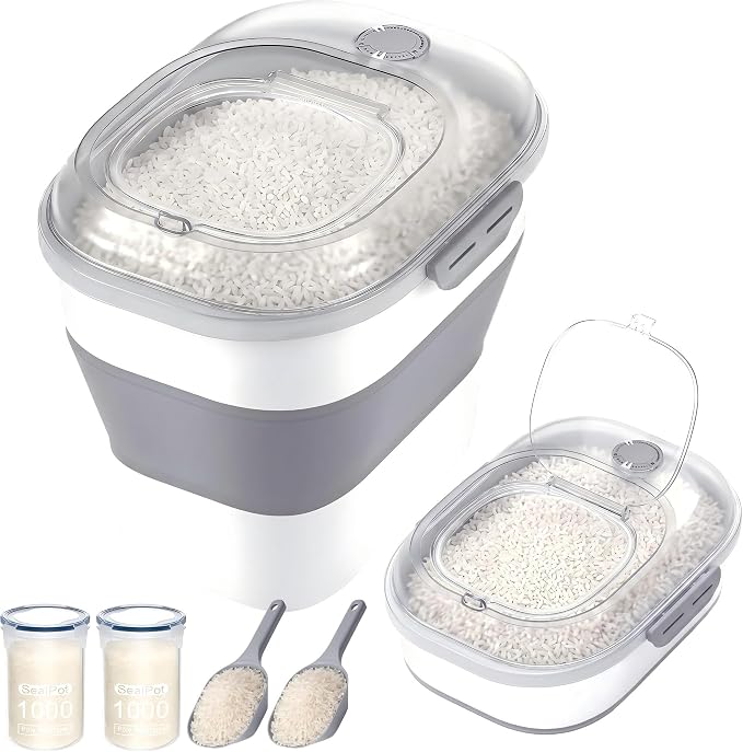 50 Lbs Rice Storage Container, Collapsible Pet Food Container | Airtight Dog Food Storage Container with Wheels, Transparent Lid, 2 Measuring Cup, 2 Scoop, BPA Free for Cat Food, Bird Seed