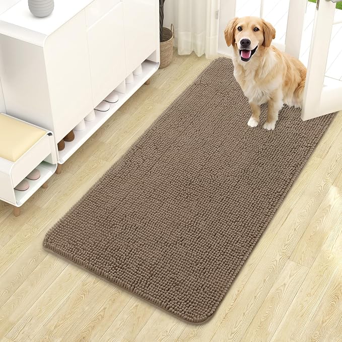 OLANLY Dog Door Mat for Muddy Paws 44x24, Super Absorbent Chenille Mud Mat | Tan, Absorbs Moisture and Dirt, Non-Slip Machine Washable Doormat, Quick-Drying Indoor Entryway Floor Carpet for Dogs