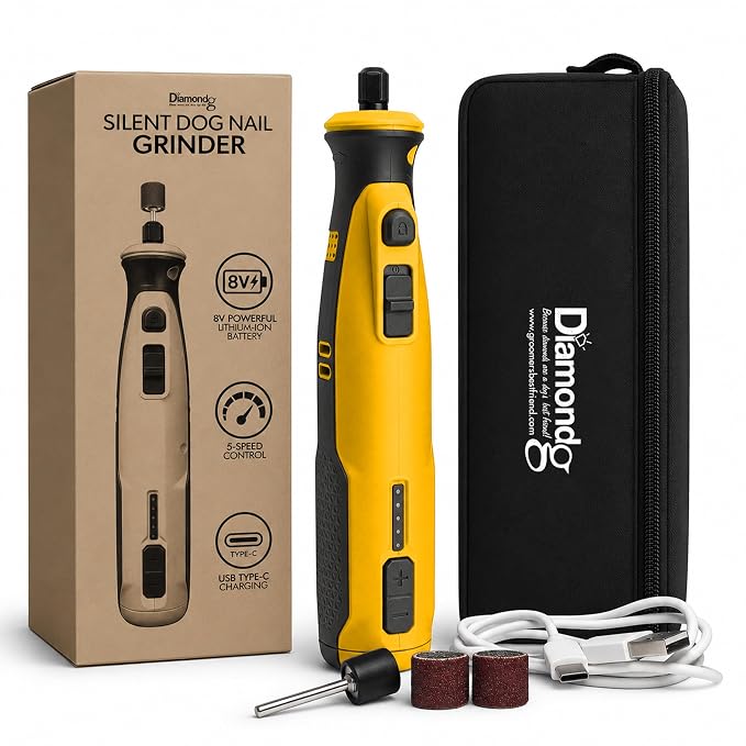 Diamondg Cordless Dog Nail Grinder - Quiet Sound with LED Light, Orange | 5-Speed Rechargeable Pet Nail Trimmer for Small & Large Dogs, USB-C Charging, 4hrs. Runtime, Painless Dog Nail Grinding Kit