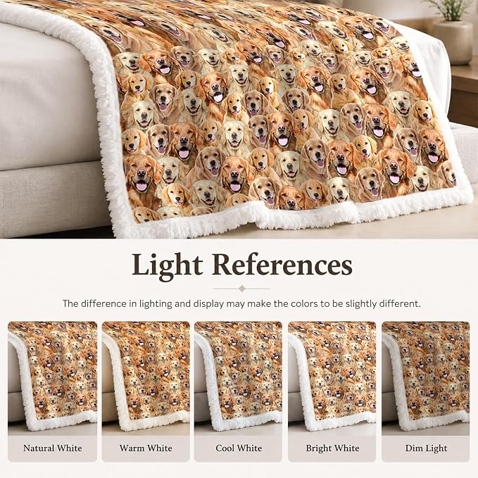 BlessLiving Golden Retriever Throw Blanket with Dense Dog Patterns Sherpa Fleece Blanket Couch Bed, Soft Cozy Warm Pet Blankets for Puppy Lovers Cute Animal Print Gift 50x60 Inches