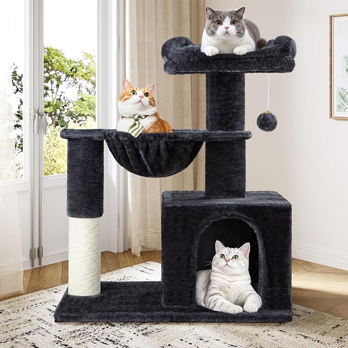 Allewie 29.5in Indoor Cat Tree, Multi-Level Cat Tower with Sisal Scratching Posts, Padded Perch, Basket, Condo, and Hanging Ball, Suitable for Kittens and Adult Felines,Dark Grey