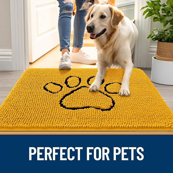 OLANLY Dog Door Mat for Muddy Paws 30x20, Paw Print Design Chenille Mud Mat | Golden Yellow, Absorbent, Traps Moisture and Dirt, Non-Slip Washable Doormat, Quick-Dry Indoor Entryway Floor Carpet for Dogs