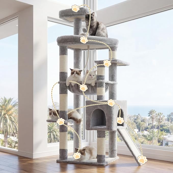 Heybly 64.2" Heavy-Duty Cat Tree for Large Cats with Wide Base HCT027W | Indoor Cat Tower with Scratching Posts & Board, Cat Furniture with Big Platforms, Extra-Large Hammock, Light Gray