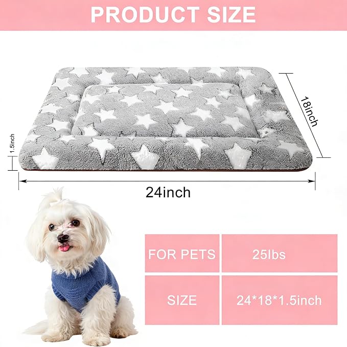 Dog Bed Mat, Reversible Dog Crate Pad for Small Medium Dogs & Cats, Soft Washable Kennel Mat with Non-Slip Bottom, Lightweight Pet Bed for Crate, Cage, Home and Travel(Gray Star, 24" L*18" W*1.5" Th)