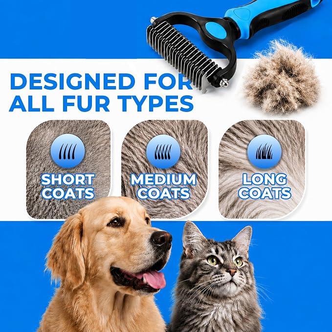 Pet Pro Grooming Comb and Undercoat Rake for Long-Haired Dogs, Shedding Remover, Stainless Steel, Silver and Blue (Pink)