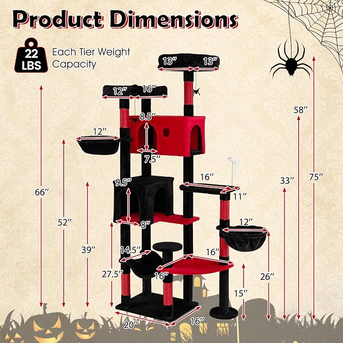75-inch Gothic Cat Tree, Multi-Level Black Cat Tower | | Robust Scratching Posts | 2 Dual-Entry Comfy Cat Condo | Rotatable Side Baskets Bed | Spider-Shaped Hanging Toy | Hammock |