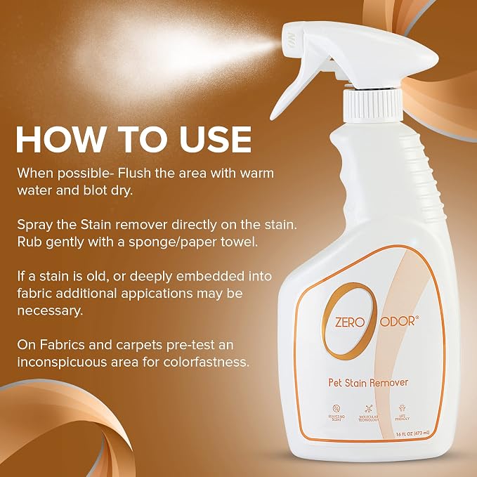 Zero Odor Pet Stain Remover & Odor Eliminator Spray for Carpet, 16 oz | For Dog and Cat Urine, Vomit and Feces on Carpet, Upholstery, Mattress, Pet Beds and Hard Floors, 400+ Sprays