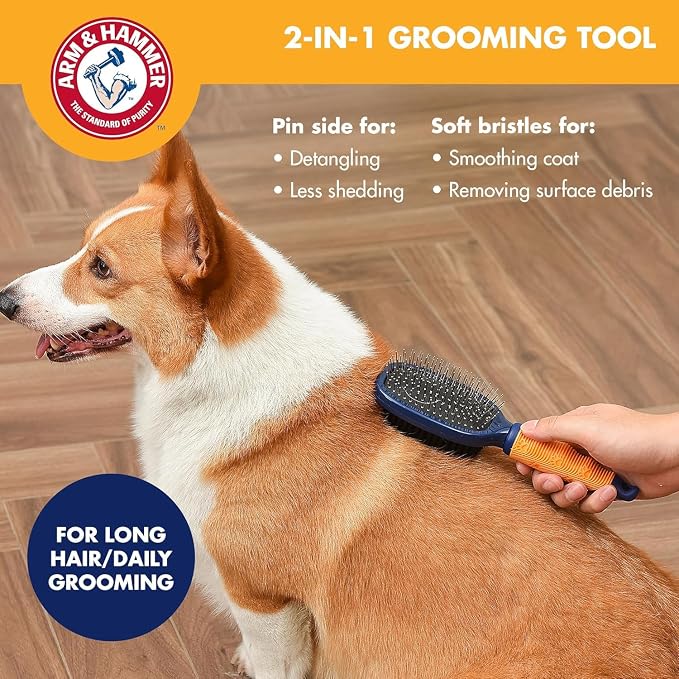 Arm & Hammer Deodorizing Pin & Bristle Dog Brush, Lily & Vanilla, 2-Pack | Fragrance transfer technology, baking soda infused, detangling and deshedding, for long-haired dogs daily