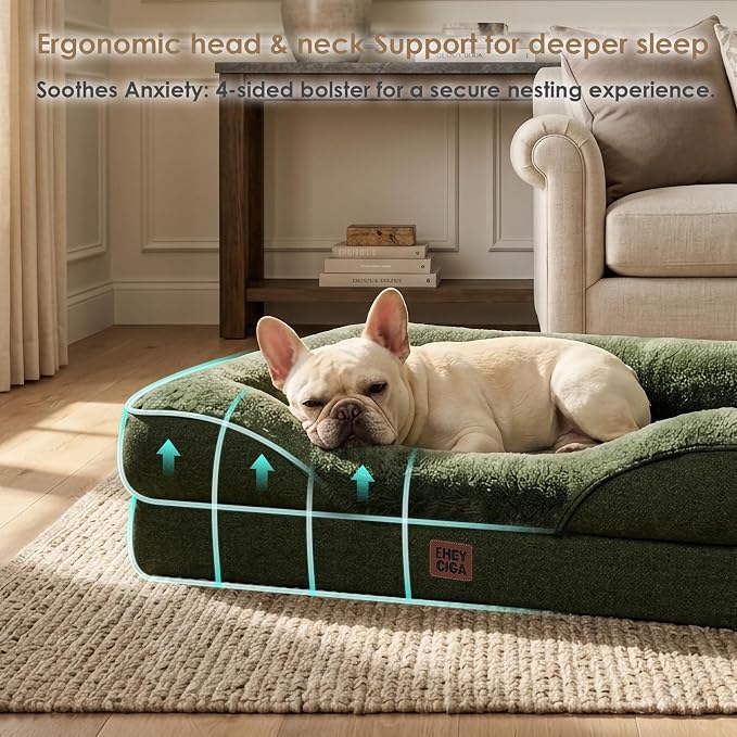 EHEYCIGA Orthopedic Dog Bed for Medium Dog, 30x20 Inch Memory Foam Dog Couch Bed with Sides, Waterproof Liner & Washable Removable Cover, Bolster Pet Sofa, Dark Green