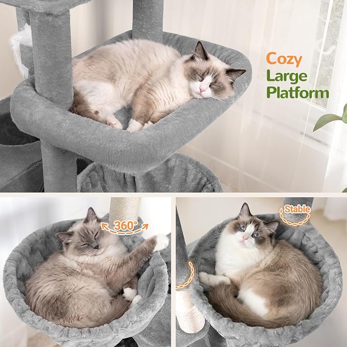 Globlazer Maine Coon Corner Cat Tree for Indoor Cats 74in, C74, Light Grey | Tall Heavy Duty Cat Tower for Large Multiple, 2 Big Platforms, 2 Extra Large Cat Condos, 2 Baskets, Sisal Scratching Board