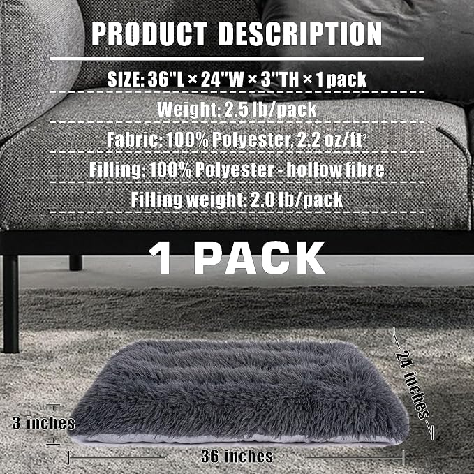 Machine Washable Dog Bed, Deluxe Plush Dog Crate Pad and Cat Bed, Anti-Slip Bottom Kennel Pad Mat, Fuzzy Pet Beds for Large, Medium, Small Dogs Breeds (Dark Grey, 36.0"L x 24.0"W x 3.0"Th x 1 Pack)