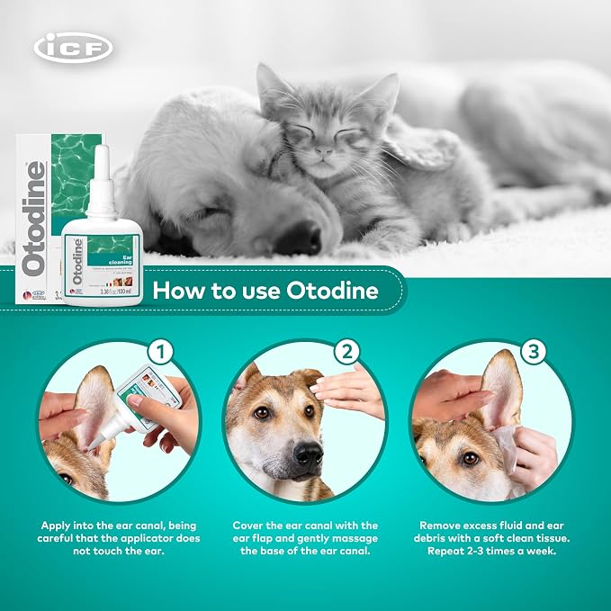ICF Otodine Dog Ear Cleaner Solution Drops for Itchy Ears, Infections, Head Shaking, Scratching, Wax, Debris & Odor - Tris-EDTA Flush - Gentle & Safe for Cats & Puppies - 100ml