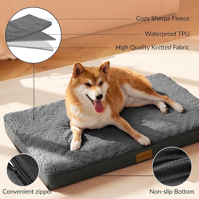 Patas Lague Orthopedic Large Dog Bed Pet Sofa Mat 48''X30'' Dark Grey | Egg-Crate Foam Dog Couch For Large Sized Dogs, Waterproof Removable Washable Cover, Soft Pet Crate Bed With Nonskid Bottom