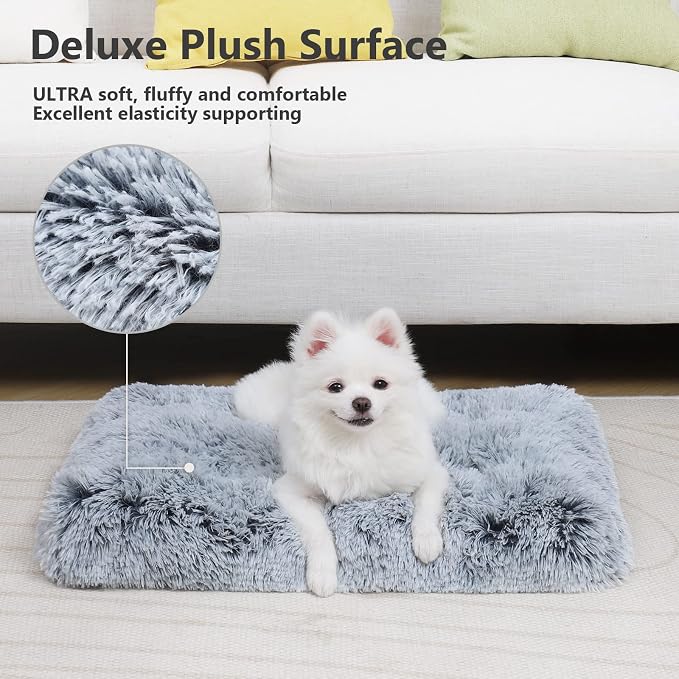 Small Dog Bed Crate Pad 24", Washable Puppy Beds, Plush Pet Mat Grey | Ultra Soft Cozy Sleeping, Machine Washable, Anti-Slip Bottom, Kennel Pad 24*18", Easy to Care, 25lbs