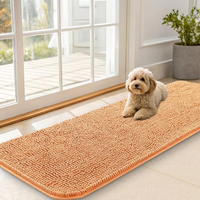 OLANLY Dog Door Mat for Muddy Paws 59x20, Super Absorbent Chenille Mud Mat | Orange, Absorbs Moisture and Dirt, Non-Slip Machine Washable Doormat, Quick-Drying Indoor Entryway Floor Carpet for Dogs
