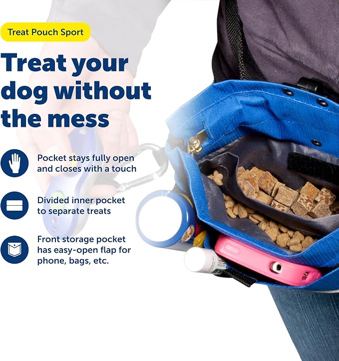 PetSafe Dog Treat Pouch Sport, Black, Standard, 7.5 in L x 6.5 in H | Water & Stain-Resistant Training Pouch with Divided Treat Pocket, Belt Clip & Carabiner for Keys or Bags, Machine Washable