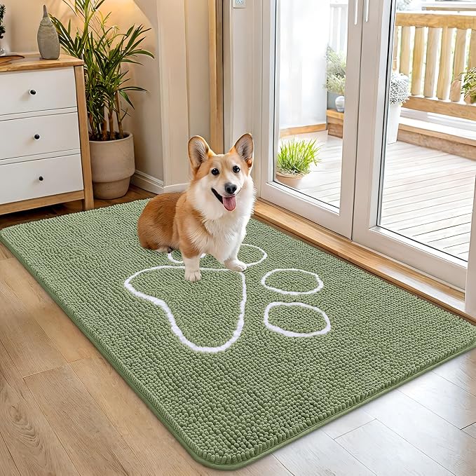 OLANLY Dog Door Mat for Muddy Paws 45x27, Paw Print Design Chenille Mud Mat | Sage Green, Absorbent, Traps Moisture and Dirt, Non-Slip Washable Doormat, Quick-Drying Indoor Entryway Floor Carpet for Dogs