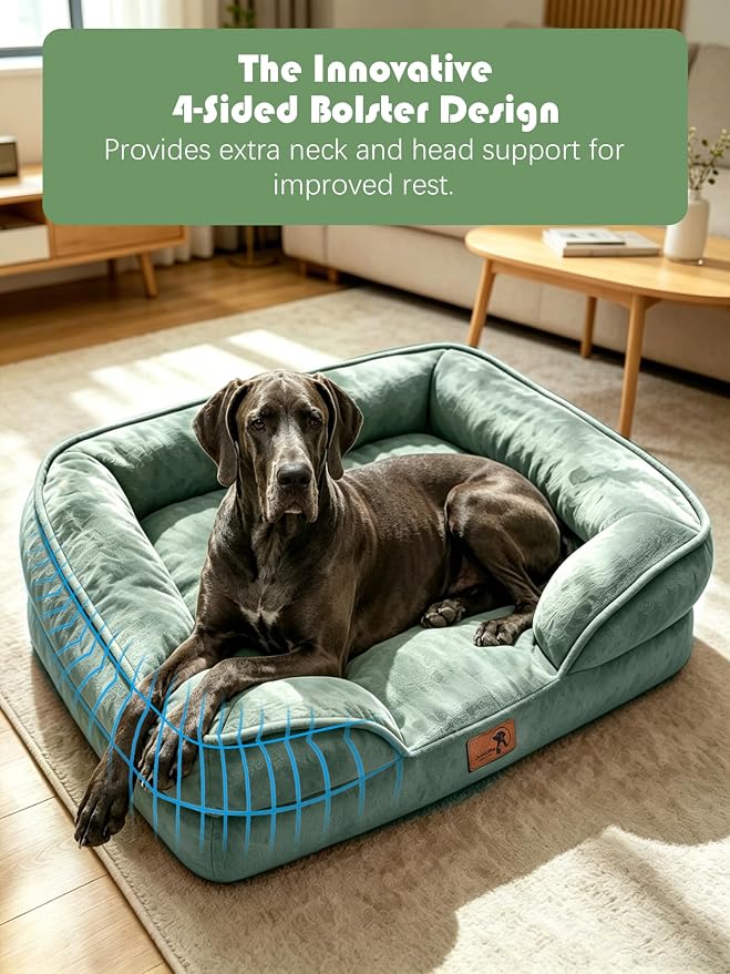 Spotted Play Orthopedic Dog Bed with Sides - Sofa Beds for Extra Large Dogs, Supportive Foam Pet Couch Bed with Washable Removable Cover, Waterproof Lining and Non-Slip Bottom, Green - XXL