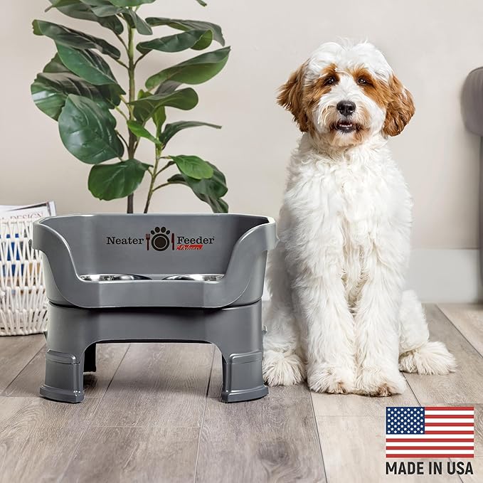 Neater Feeder Deluxe Mess-Proof Elevated Dog Bowls for Medium Dogs (19–40 lbs), 2 Height Adjustable (10” & 12.5”) No-Spill Raised Dog Bowl Stand, Stainless Steel Food Bowl Set, Made in USA, Gunmetal