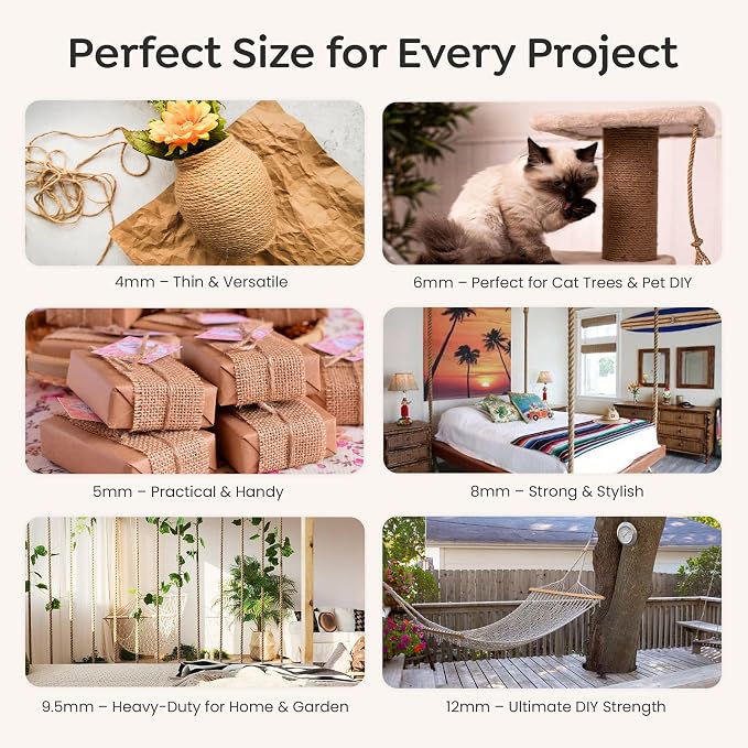 Premium Brazilian Sisal Rope, Natural Fiber 100% Sisal, Ultra Durable, Chemical-Free, Ideal for DIY, Cats, Scratching Post Replacement, Home Decor, Garden, Crafting (1/5” 50 ft / 5mm 15m)