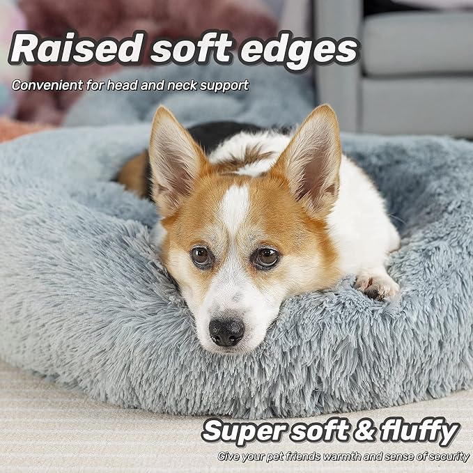 Anti Anxiety Round Fluffy Plush Faux Fur Warm Washable Dog Bed & Cat Bed, Original Bed for Small Medium Large Pets,Used to Relieve Joints and Improve Sleep（20"/24"/27''） (20", Light Grey)