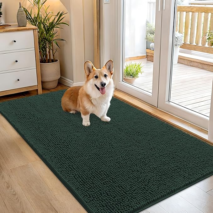 OLANLY Dog Door Mat for Muddy Paws 54x32, Super Absorbent Chenille Mud Mat | Blackish Green, Absorbs Moisture and Dirt, Non-Slip Machine Washable Doormat, Quick-Dry Indoor Entryway Floor Carpet for Dogs