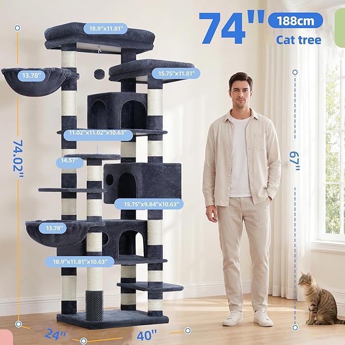Hey-brother Cat Tree, Multi-Level Tower with 3 Condos, Hairbrush, MPJ035-MG | 74 Inches XL Large Scratching Posts for Indoor Cats and Kittens, 2 Wide Platforms, 2 Plush Baskets, Toy Balls, Smoky Gray