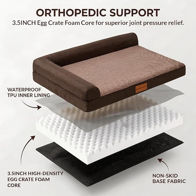 Patas Lague Orthopedic Medium Dog Bed Washable Pet Sofa Bed 30''X20''Brown | 2-Sided Bolster Egg-Crate Foam Dog Couch Medium Size Dogs, Waterproof Removable Washable Cover, Nonskid Bottom Pet Crate Mat