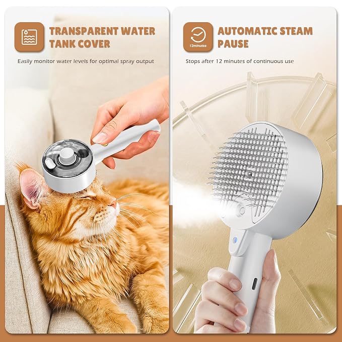 Cat Steam Brush for Indoor Cats, Spray Cat Deshedding Brush for Grooming | Self Cleaning Steam Pet Brushes with Spray, Helps Remove Loose Hair & Undercoat, Grooming Tool for Long & Short Hair Cats