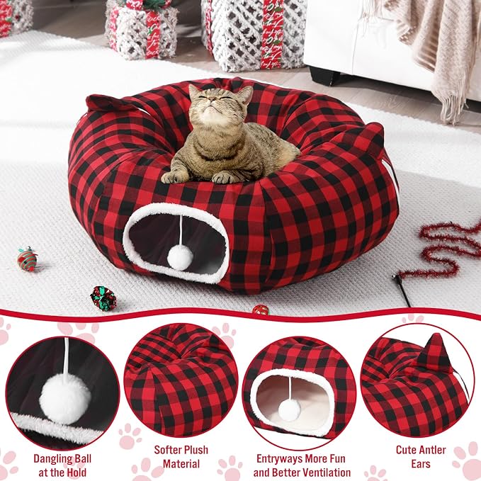 Dansydaisy Cat Tunnel Christmas Tree Skirt, Plaid Buffalo Cat Tunnel Bed with Toys, Hanging Pom Ball Plush Washable Cushion and Dangling Balls 3FT Peekaboo Playground for Small Rabbit Xmas Decor