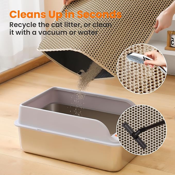 Cat Litter Mat, Double Layer Honeycomb Litter Box Mat | 24x18”, Efficient Litter Trapping, Easy to Clean, Waterproof, Non-Slip, Soft on Paws, Scratch Resistant, Beige, Large