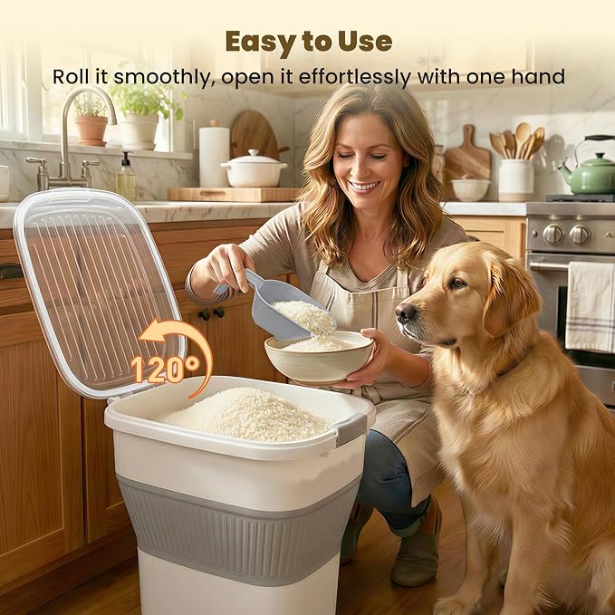 HOYTAMDAR 50Lbs Collapsible Rice Container,Airtight Food Storage container | Rice Storage Container with Clear Lid,Rolling Wheels,Small Bin & Measuring Scoop,Rice Dispenser for Pet Food Rice Flour