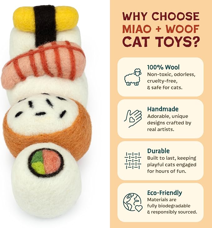 Woolbuddy Sushi Cat Toy Set – Wool Felt Interactive Toys for Indoor Cats & Kittens, Catnip-Free, Durable, Cute Enrichment Toys for Bored Cats, Natural Wool Dental & Hunting Play (Large – 4 Pcs)